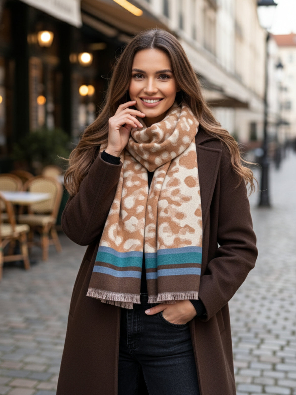 TEAL CASHMERE BLEND COLOURFUL LEOPARD PRINT SCARF