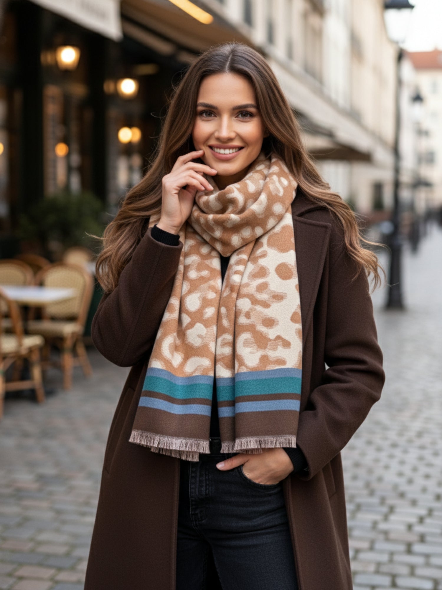 TEAL CASHMERE BLEND COLOURFUL LEOPARD PRINT SCARF
