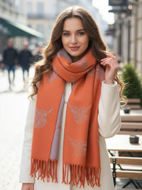 CASHMERE HIGHLAND COW PRINT REVERSIBLE WINTER SHAWL BLANKET SCARF - ORANGE