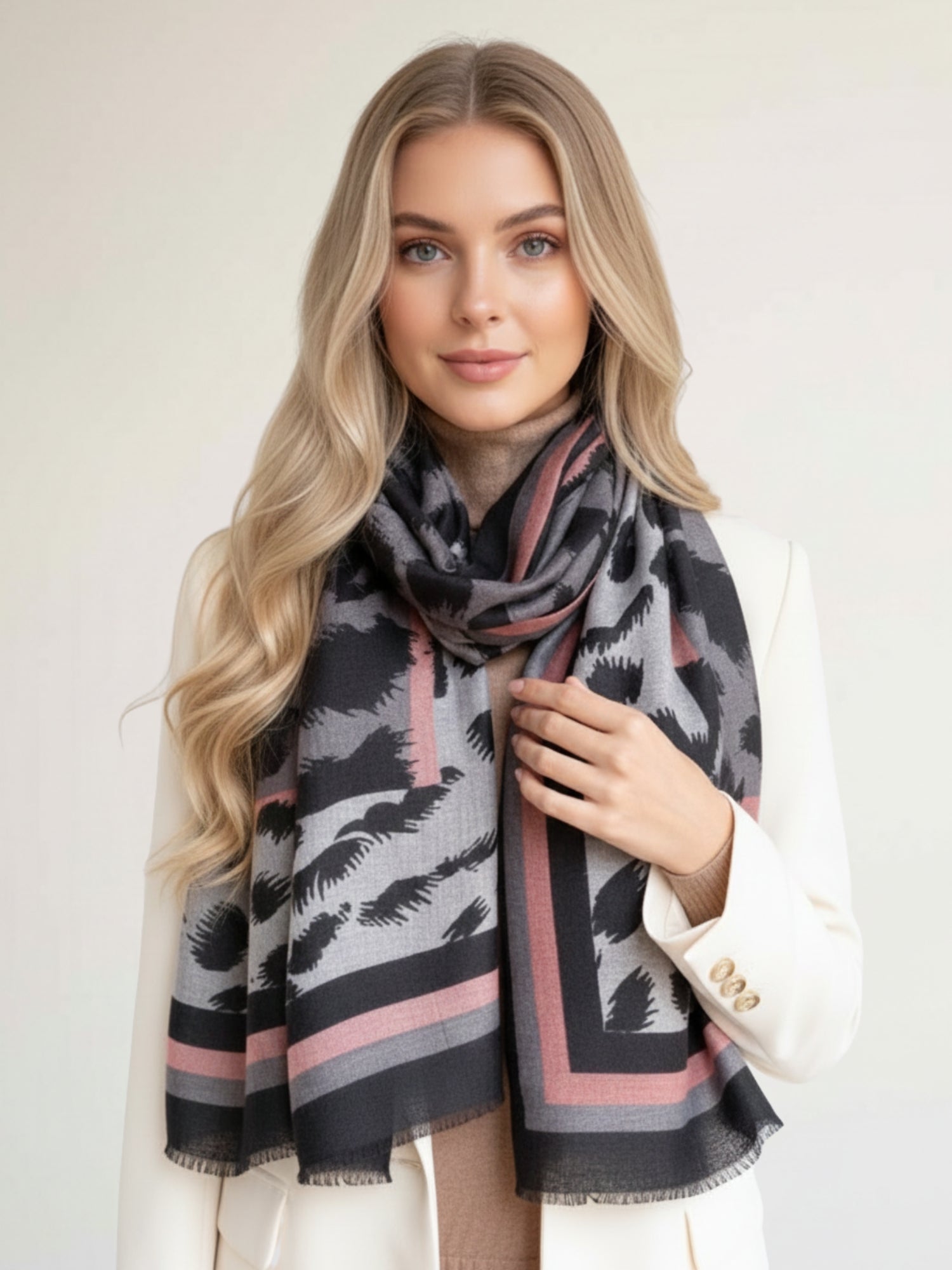 LARGE GREY STRIPE LEOPARD PRINT SCARF