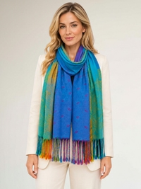 LARGE BLUE RAINBOW FEATHER AND LEAF PRINT PASHMINA SHAWL SCARF