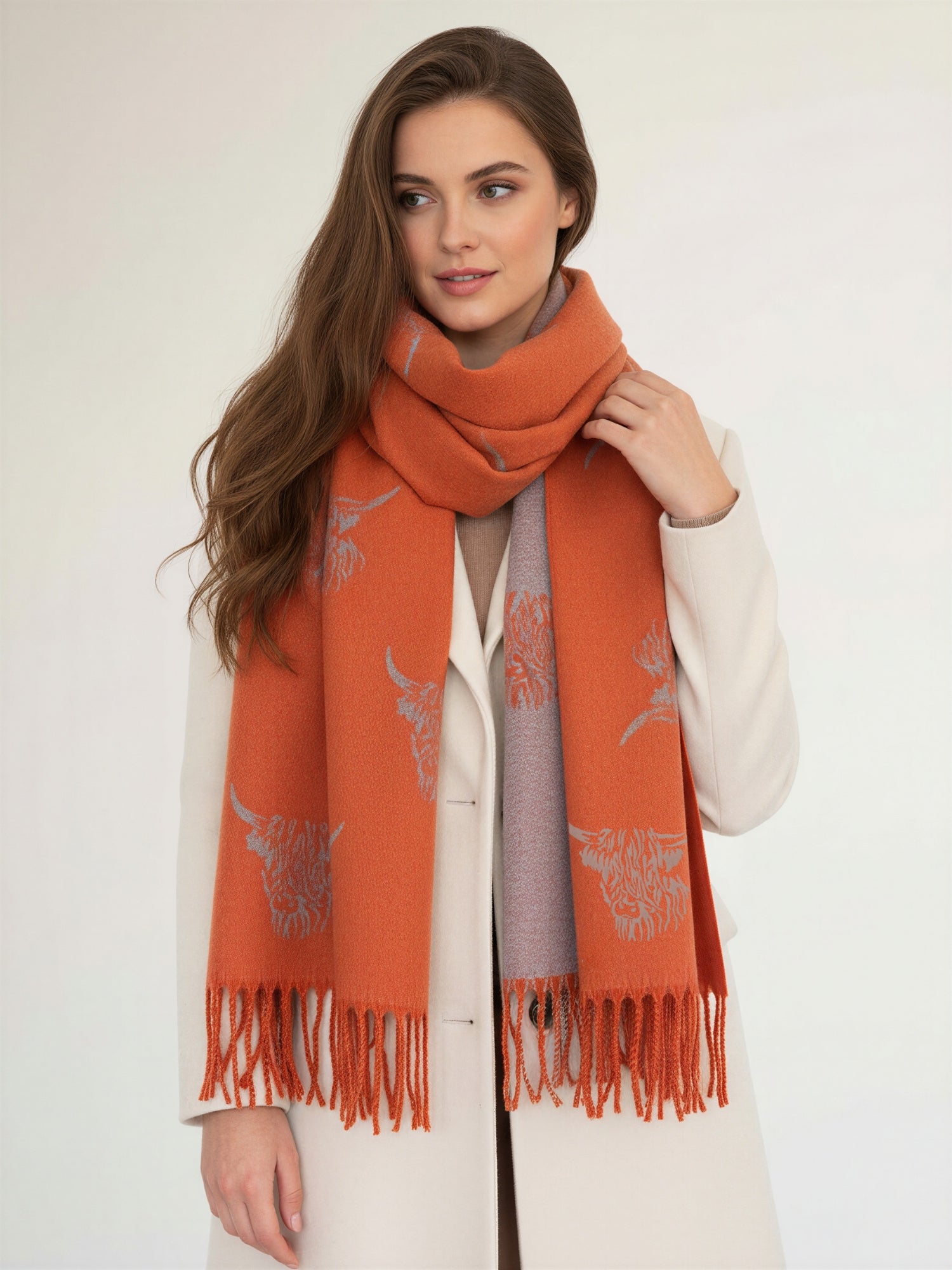 CASHMERE HIGHLAND COW PRINT REVERSIBLE WINTER SHAWL BLANKET SCARF - ORANGE