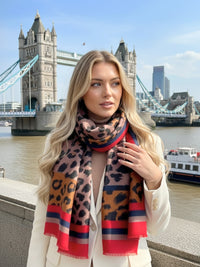 LARGE RED STRIPE LEOPARD PRINT SCARF
