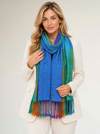 LARGE BLUE RAINBOW FEATHER AND LEAF PRINT PASHMINA SHAWL SCARF