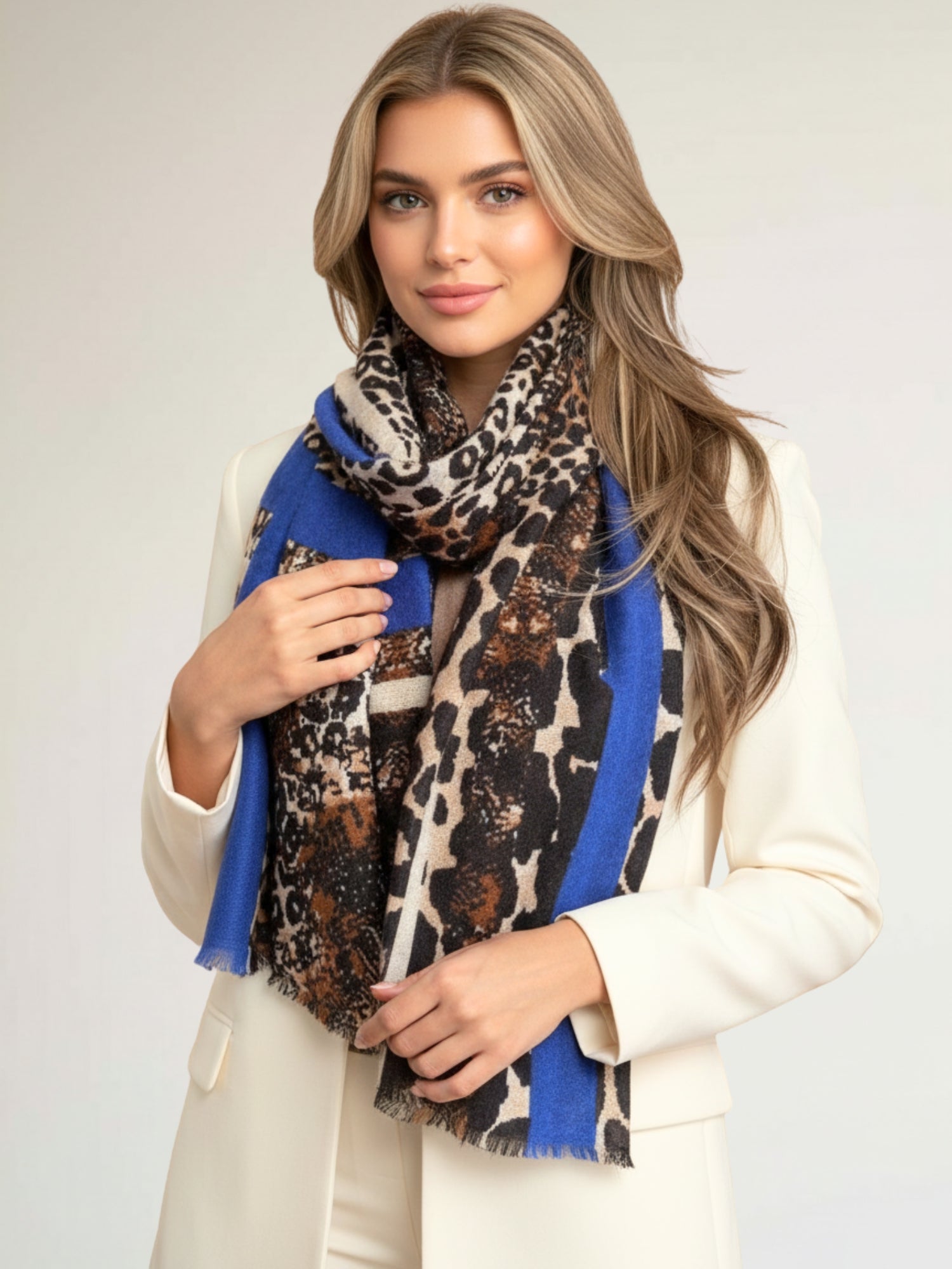 LARGE ROYAL BLUE SNAKESKIN AND LEOPARD PRINT SCARF