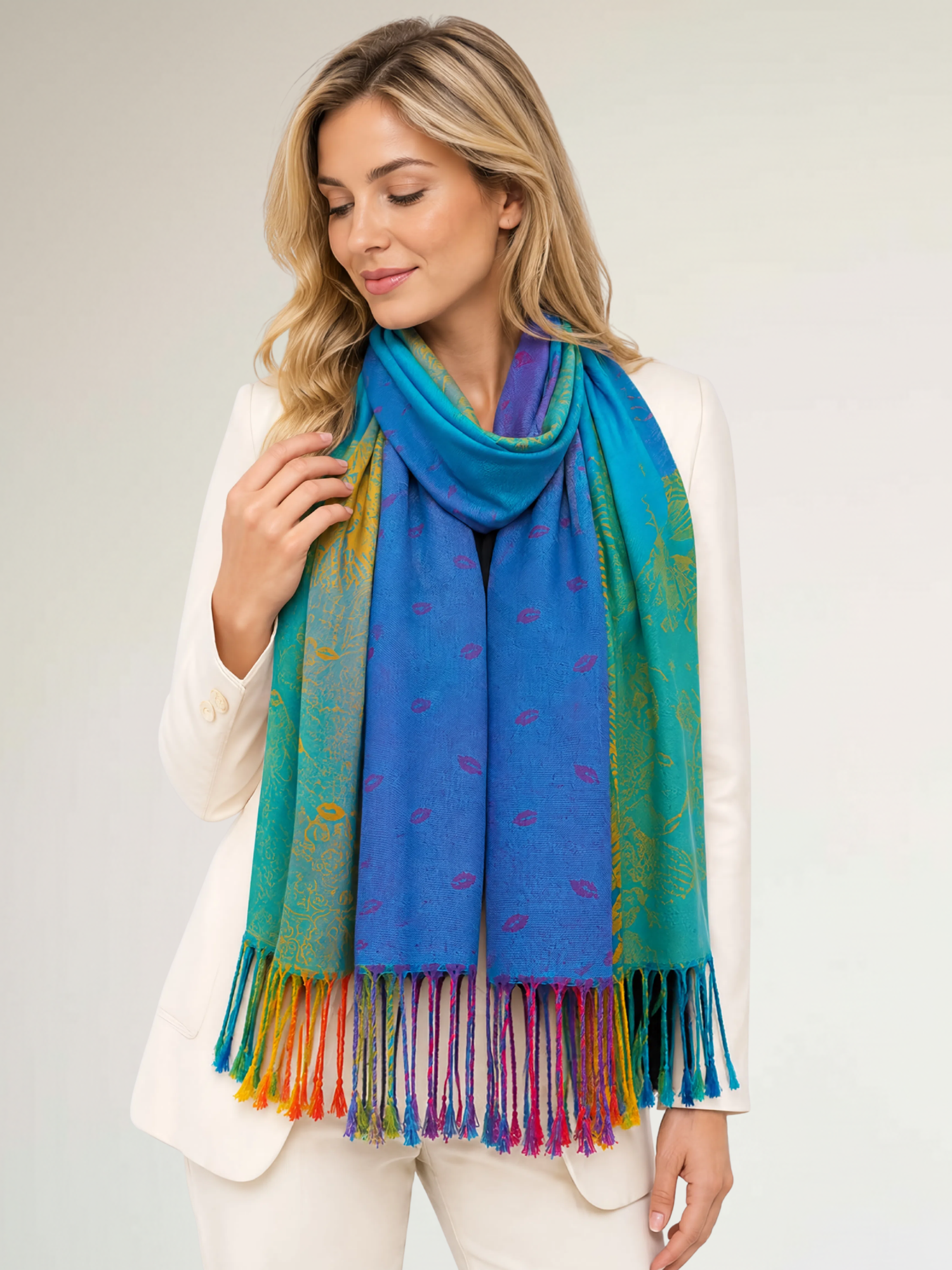 LARGE BLUE RAINBOW FEATHER AND LEAF PRINT PASHMINA SHAWL SCARF