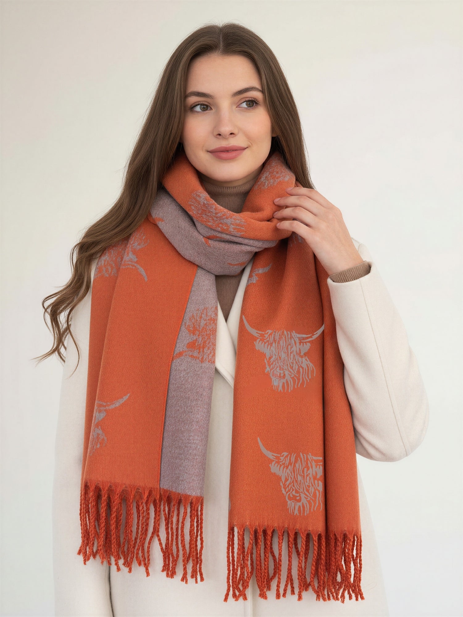CASHMERE HIGHLAND COW PRINT REVERSIBLE WINTER SHAWL BLANKET SCARF - ORANGE