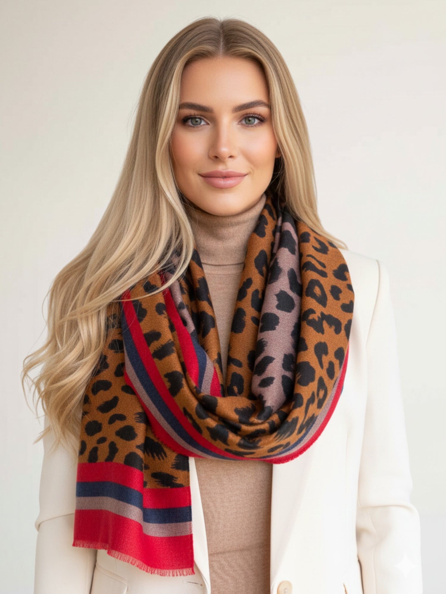LARGE RED STRIPE LEOPARD PRINT SCARF