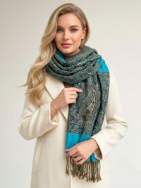LARGE PLAIN TEAL BLUE REVERSIBLE MULTI COLOUR PAISLEY PRINT PASHMINA SHAWL SCARF WRAP - A-SHU.CO.UK