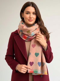 LARGE CHECKED HEART PRINT REVERSIBLE WINTER SHAWL BLANKET SCARF - PINK