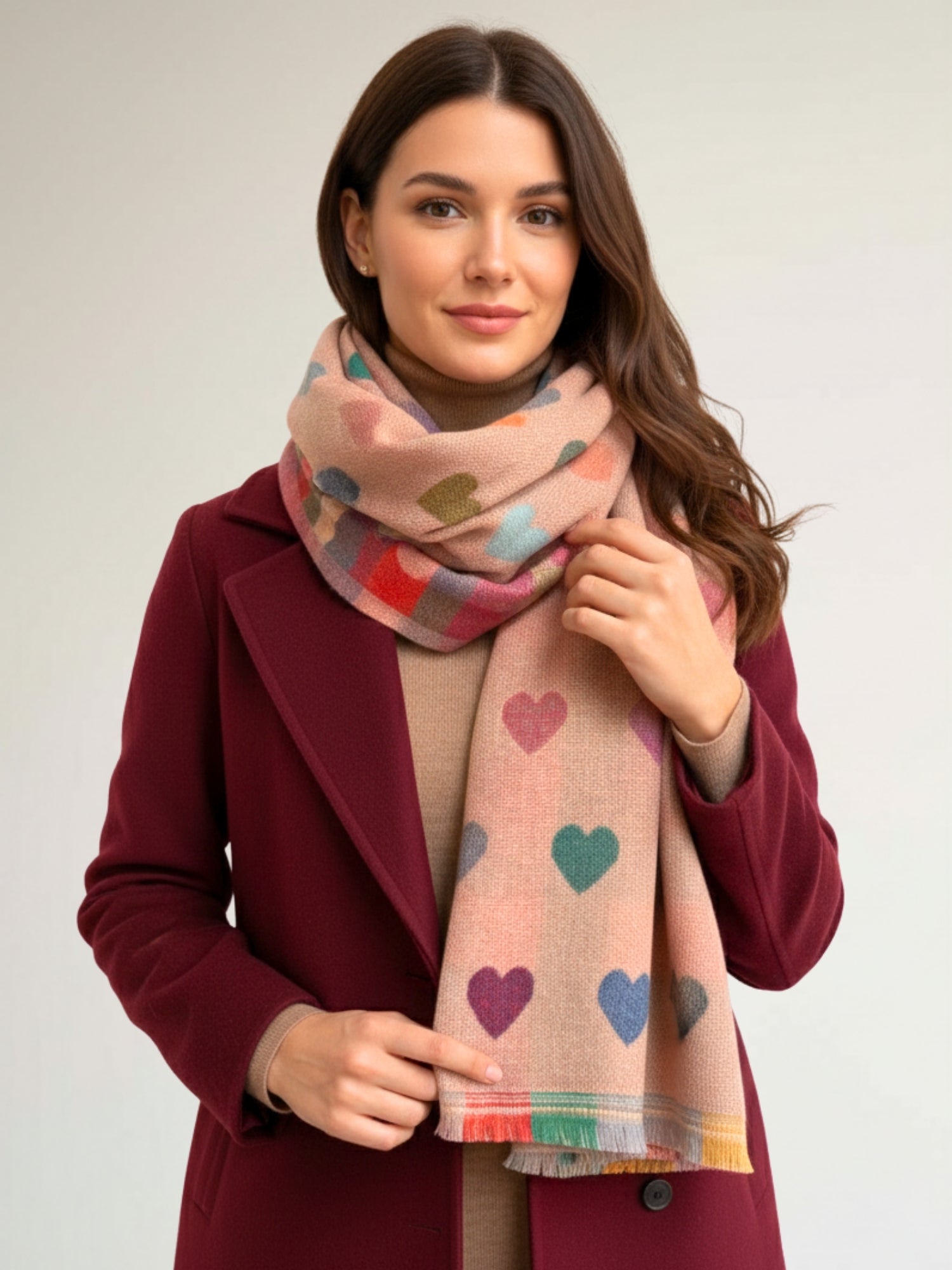 LARGE CHECKED HEART PRINT REVERSIBLE WINTER SHAWL BLANKET SCARF - PINK