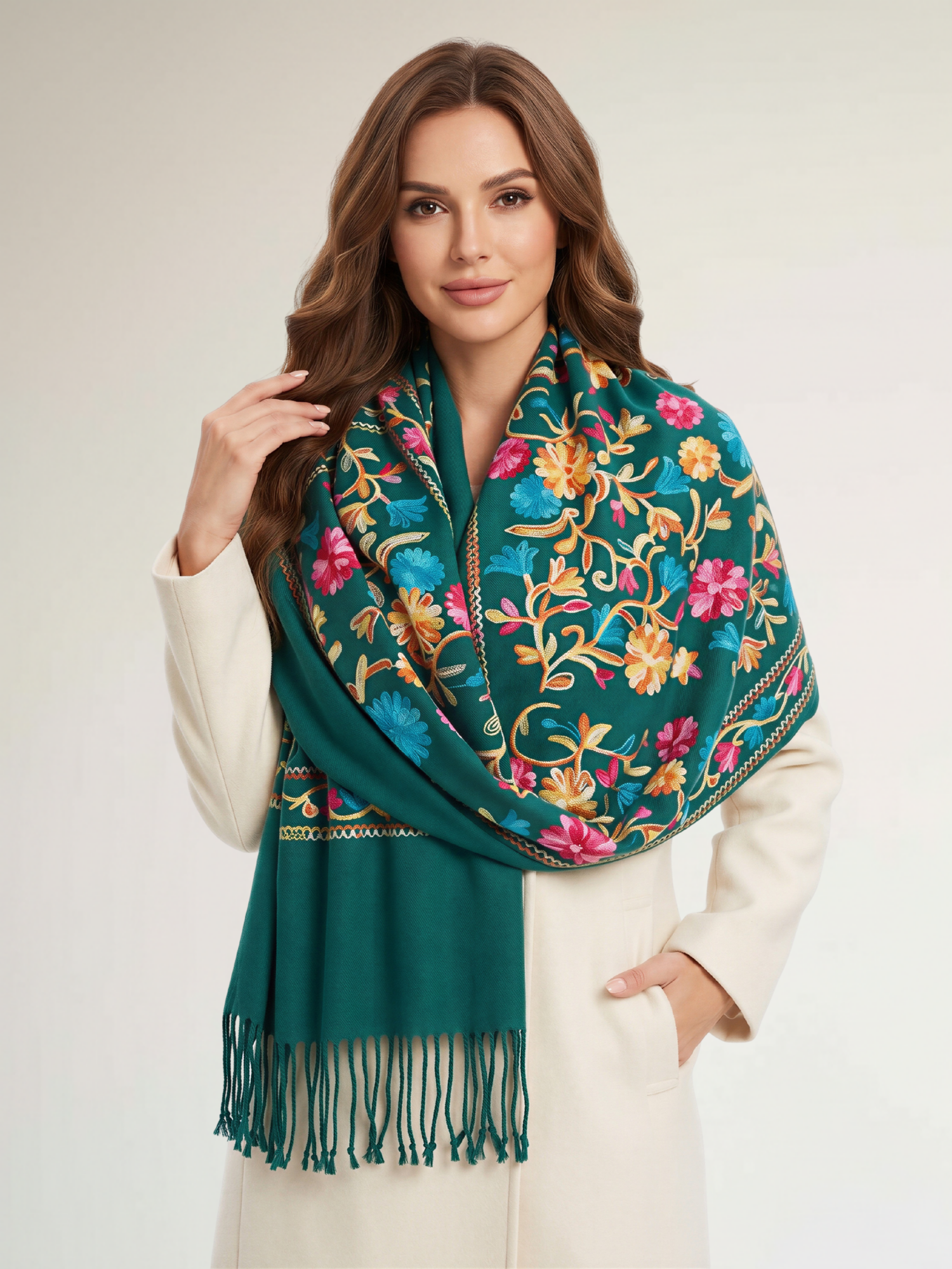 LARGE GREEN FLOWER PRINT CASHMERE COTTON BLEND WINTER SHAWL BLANKET SCARF