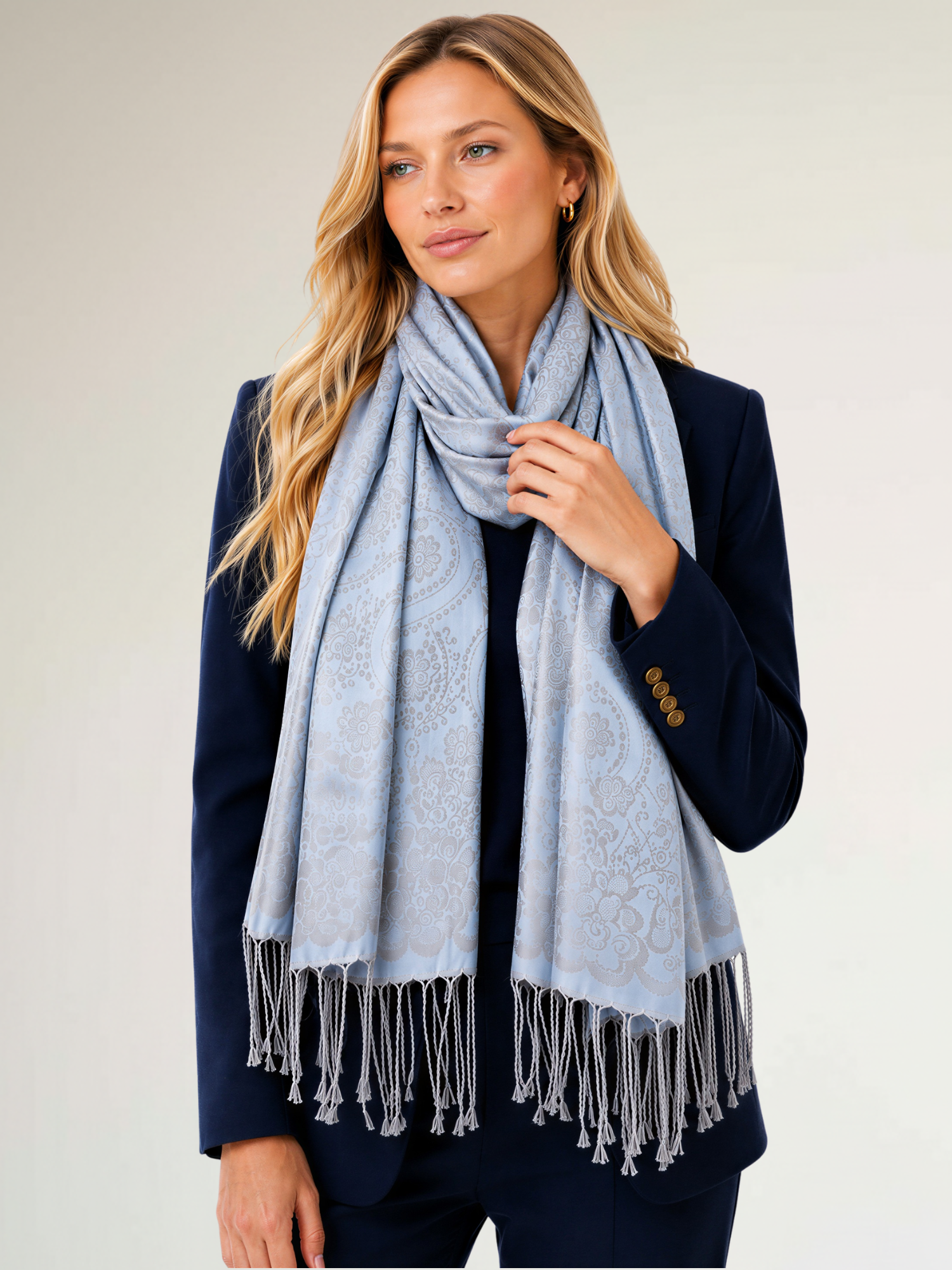 LARGE SILVERY BLUE SWIRL FLORAL PRINT REVERSIBLE PASHMINA SHAWL SCARF - A-SHU.CO.UK