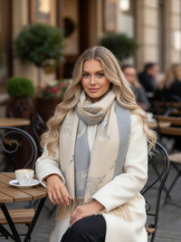 CASHMERE HIGHLAND COW PRINT REVERSIBLE WINTER SHAWL BLANKET SCARF - CREAM