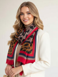 LARGE RED STRIPE LEOPARD PRINT SCARF