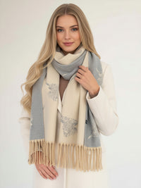 CASHMERE HIGHLAND COW PRINT REVERSIBLE WINTER SHAWL BLANKET SCARF - CREAM