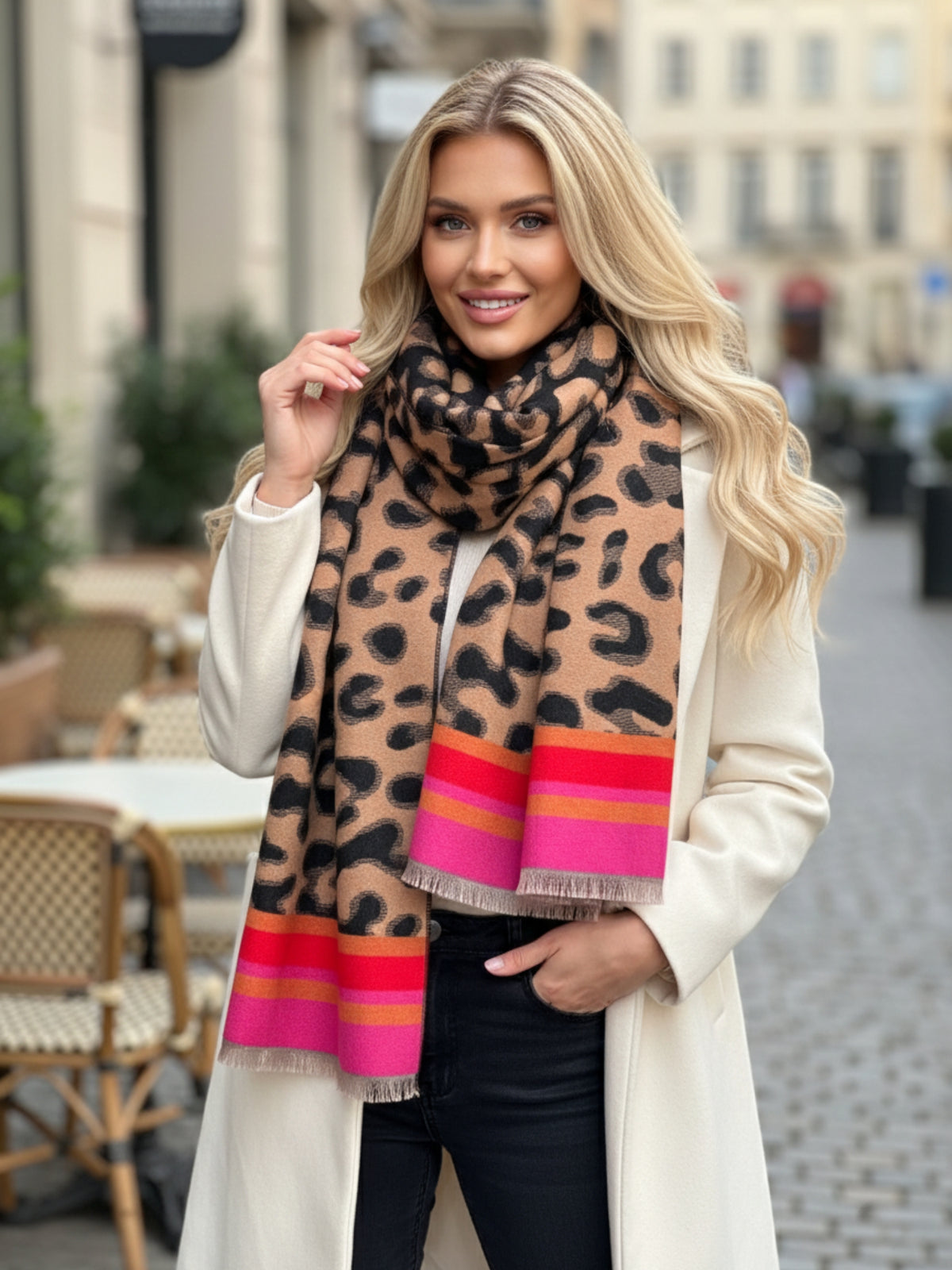 RED CASHMERE BLEND COLOURFUL LEOPARD PRINT SCARF