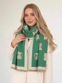 LARGE GREEN CAT THICK REVERSIBLE WINTER SHAWL BLANKET SCARF