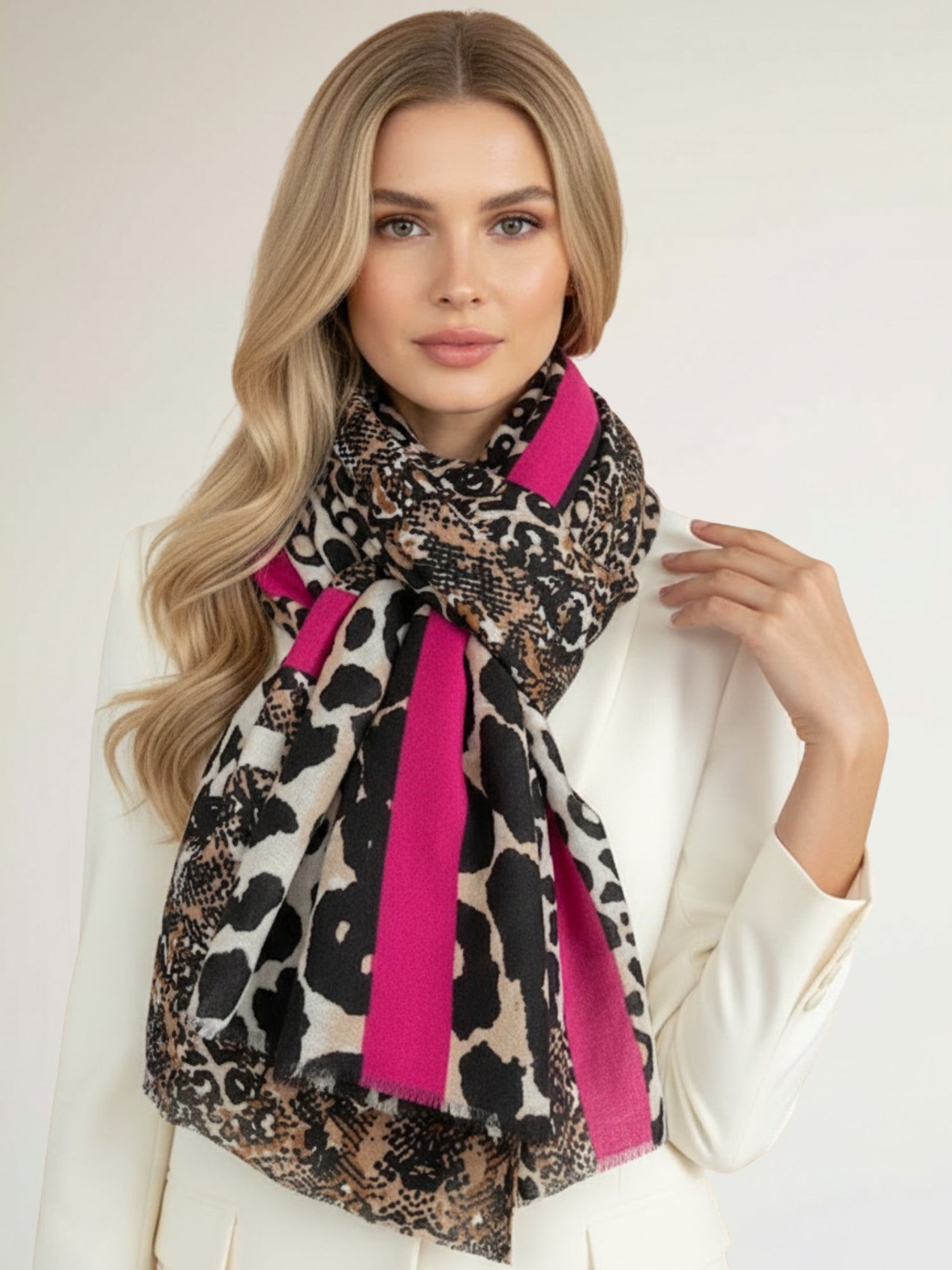LARGE FUCHSIA PINK SNAKESKIN AND LEOPARD PRINT SCARF
