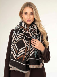 LARGE BLACK RETRO PRINT REVERSIBLE WOOL WINTER SHAWL BLANKET SCARF