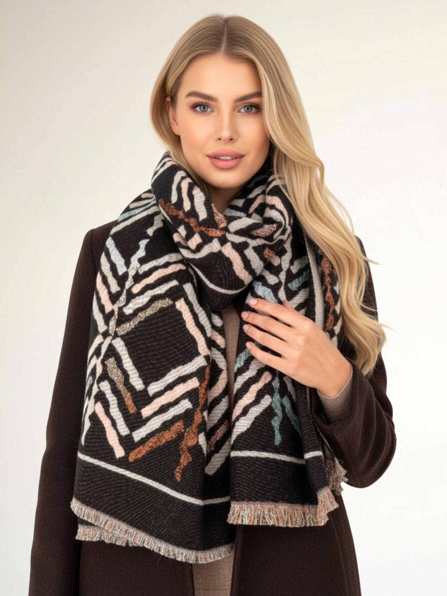 LARGE BLACK RETRO PRINT REVERSIBLE WOOL WINTER SHAWL BLANKET SCARF