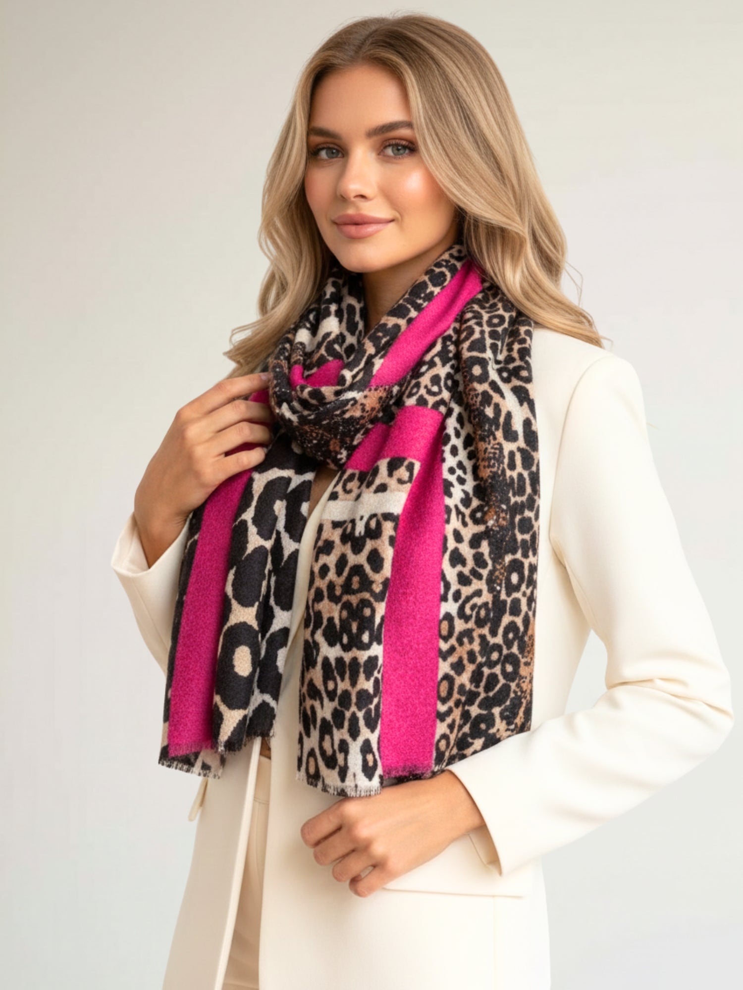 LARGE FUCHSIA PINK SNAKESKIN AND LEOPARD PRINT SCARF
