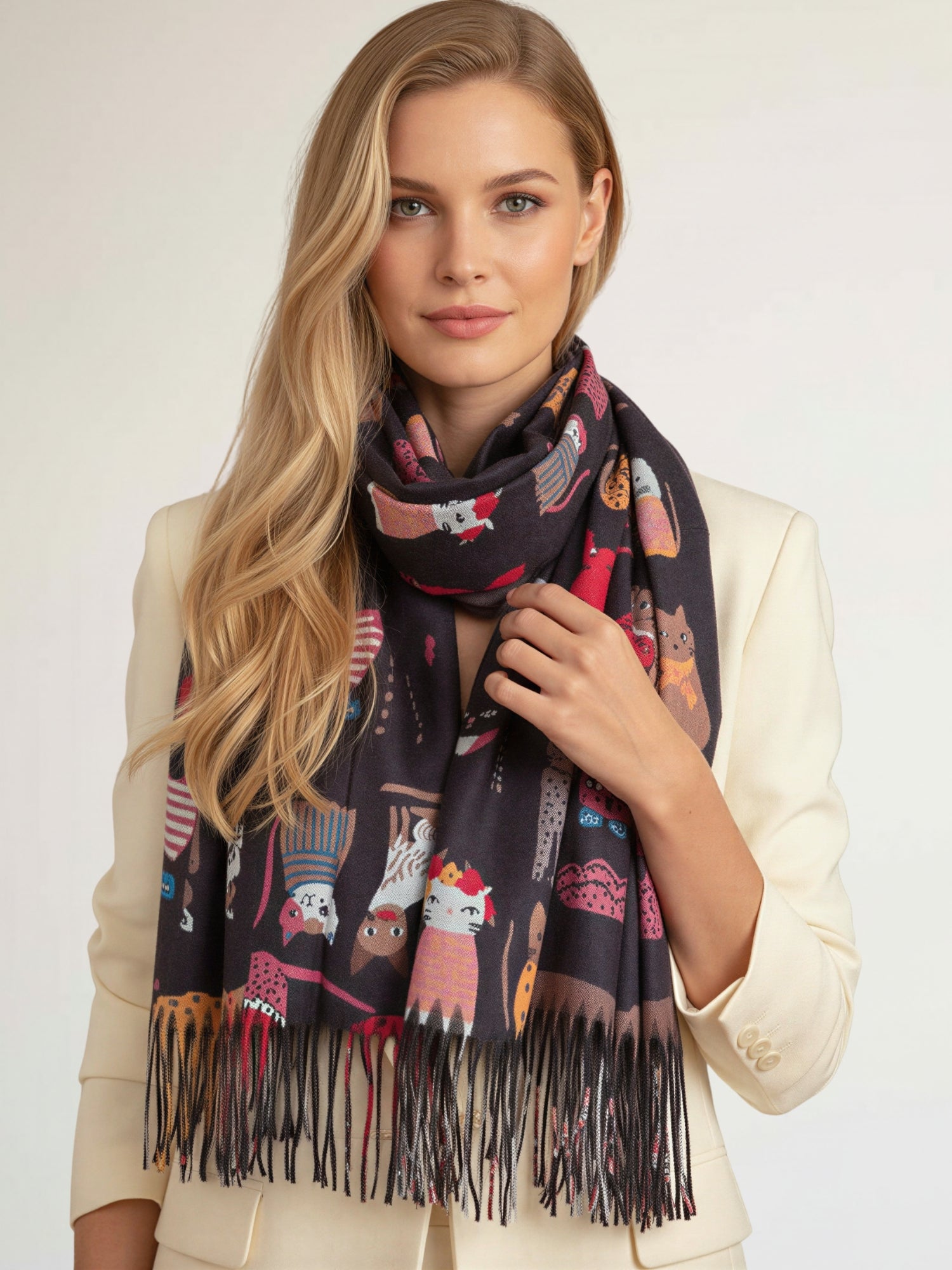 BLACK CAT PRINT LONG LIGHTWEIGHT SCARF