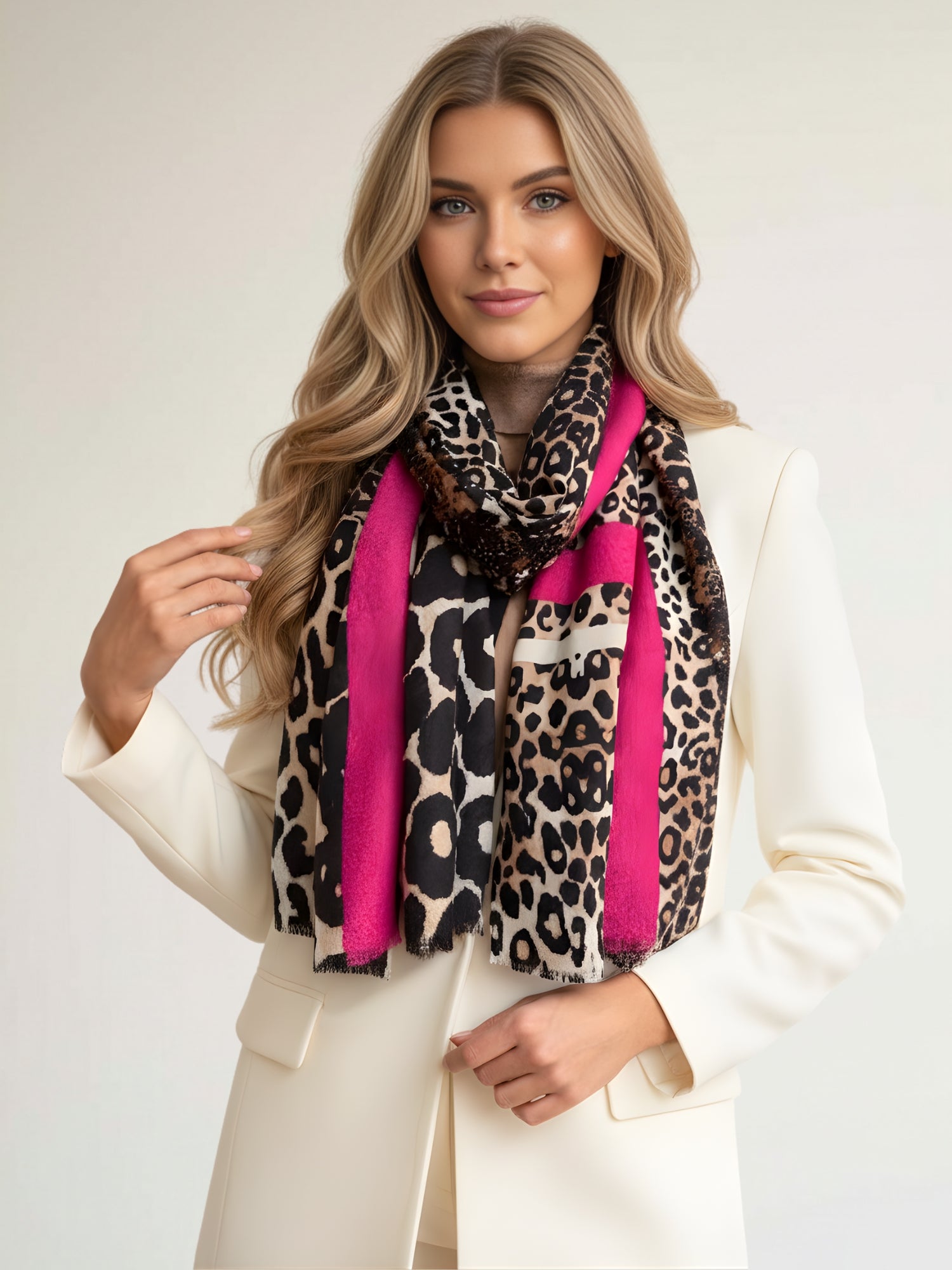 LARGE FUCHSIA PINK SNAKESKIN AND LEOPARD PRINT SCARF