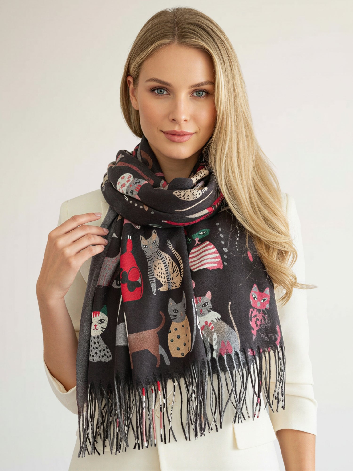 BLACK CAT PRINT LONG LIGHTWEIGHT SCARF