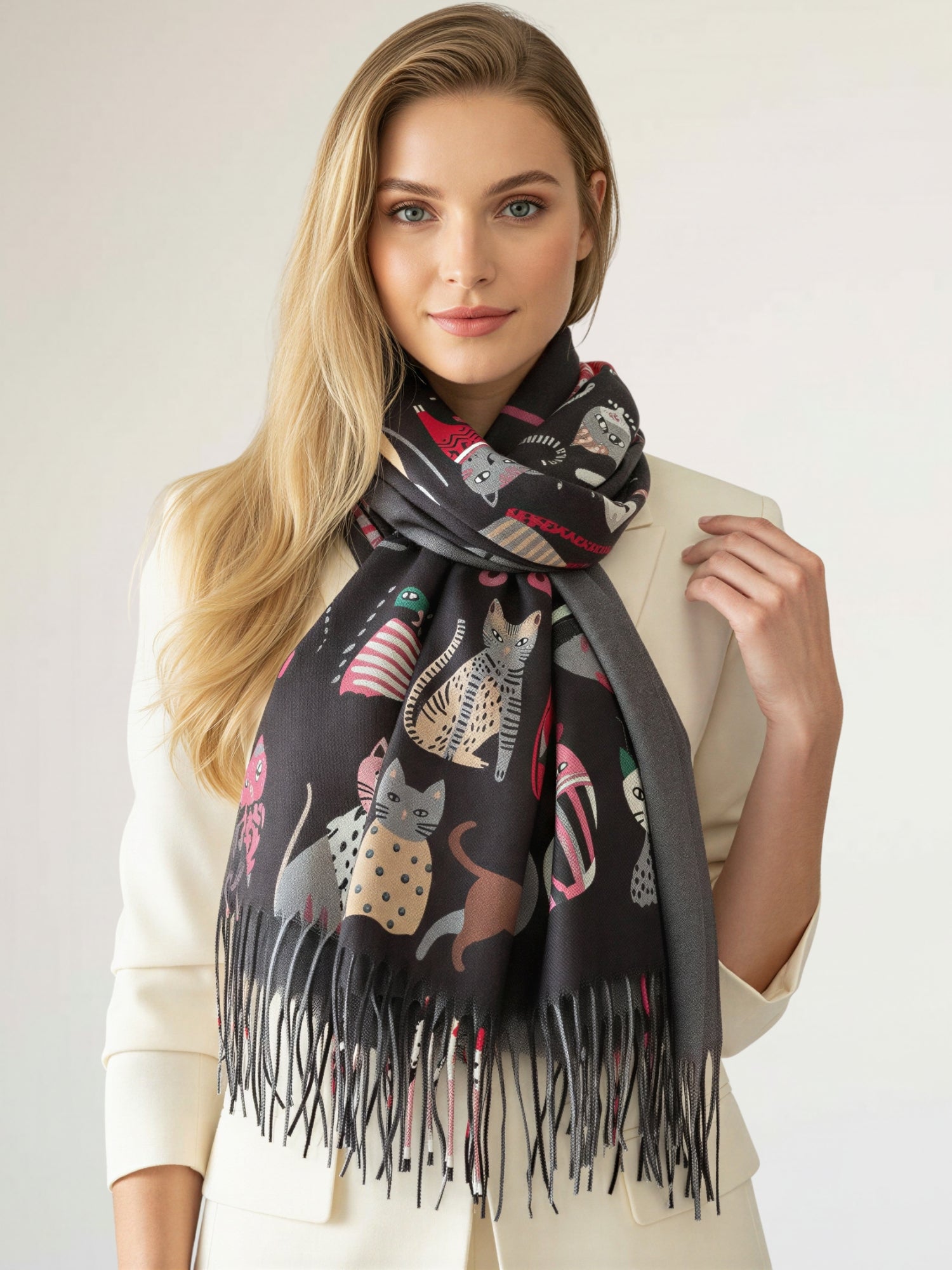 BLACK CAT PRINT LONG LIGHTWEIGHT SCARF