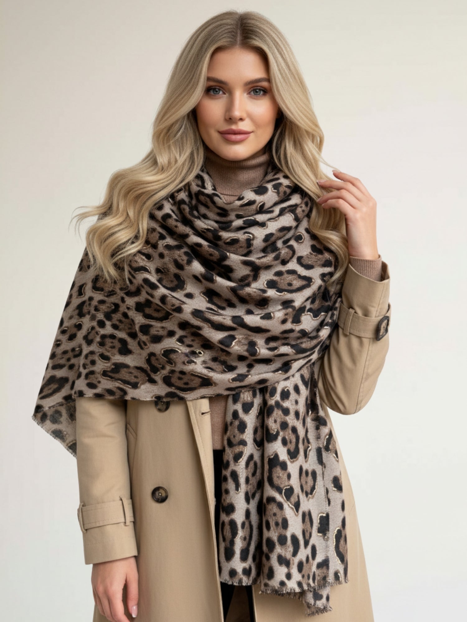 TAUPE COTTON BLEND METALLIC LEOPARD PRINT SCARF