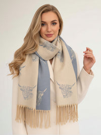 CASHMERE HIGHLAND COW PRINT REVERSIBLE WINTER SHAWL BLANKET SCARF - CREAM BLUE