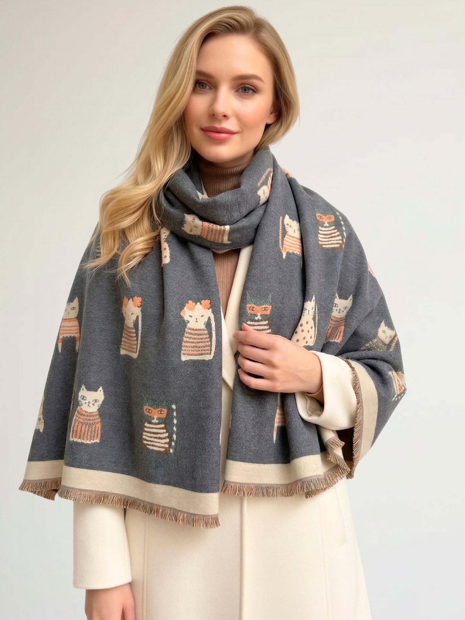 LARGE GREY CAT THICK REVERSIBLE WINTER SHAWL BLANKET SCARF