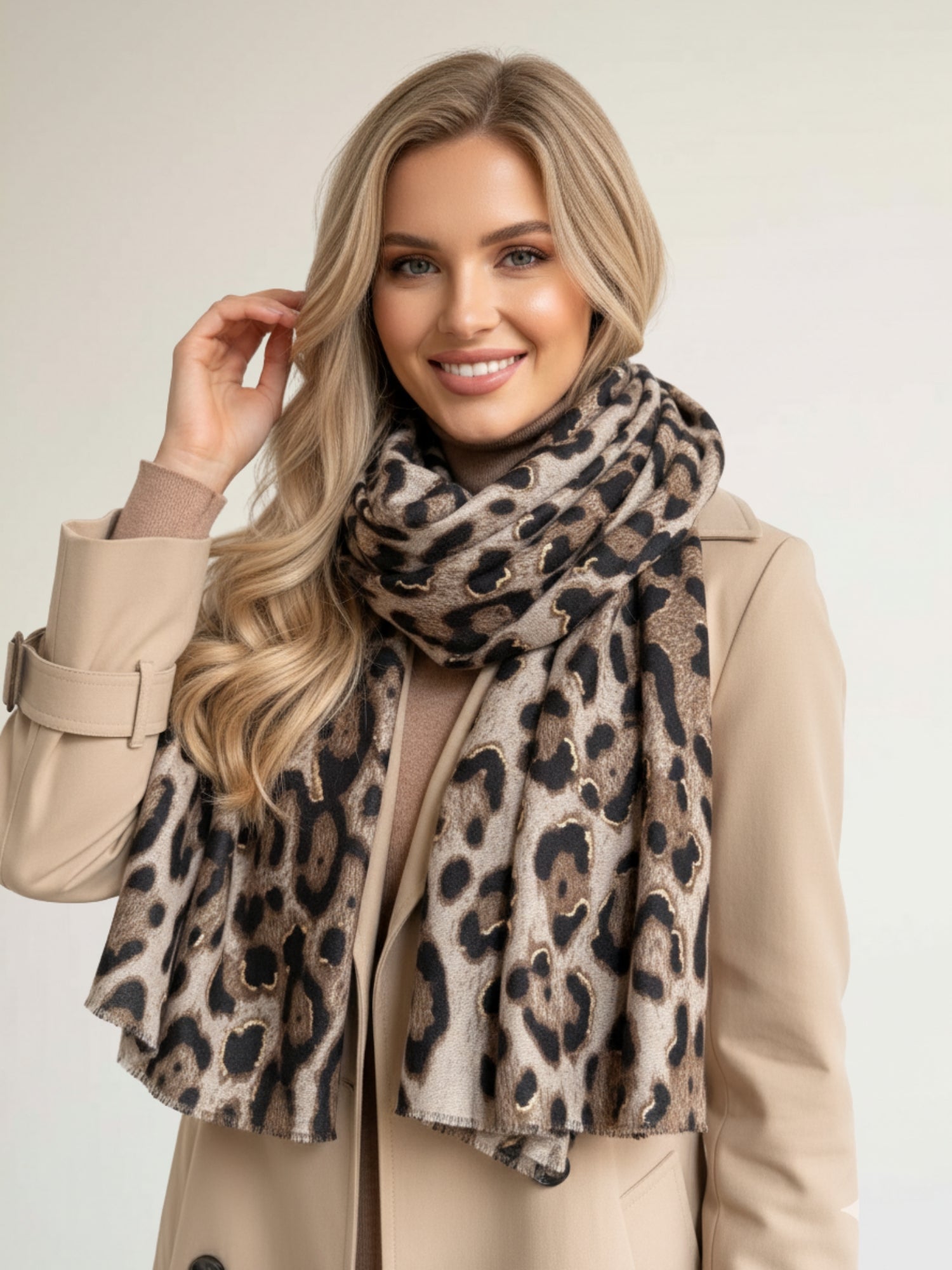 TAUPE COTTON BLEND METALLIC LEOPARD PRINT SCARF