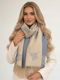 CASHMERE HIGHLAND COW PRINT REVERSIBLE WINTER SHAWL BLANKET SCARF - CREAM BLUE