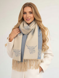 CASHMERE HIGHLAND COW PRINT REVERSIBLE WINTER SHAWL BLANKET SCARF - CREAM BLUE