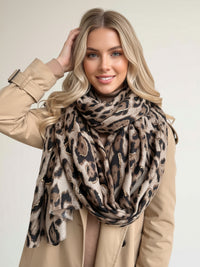 TAUPE COTTON BLEND METALLIC LEOPARD PRINT SCARF
