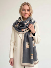LARGE GREY CAT THICK REVERSIBLE WINTER SHAWL BLANKET SCARF