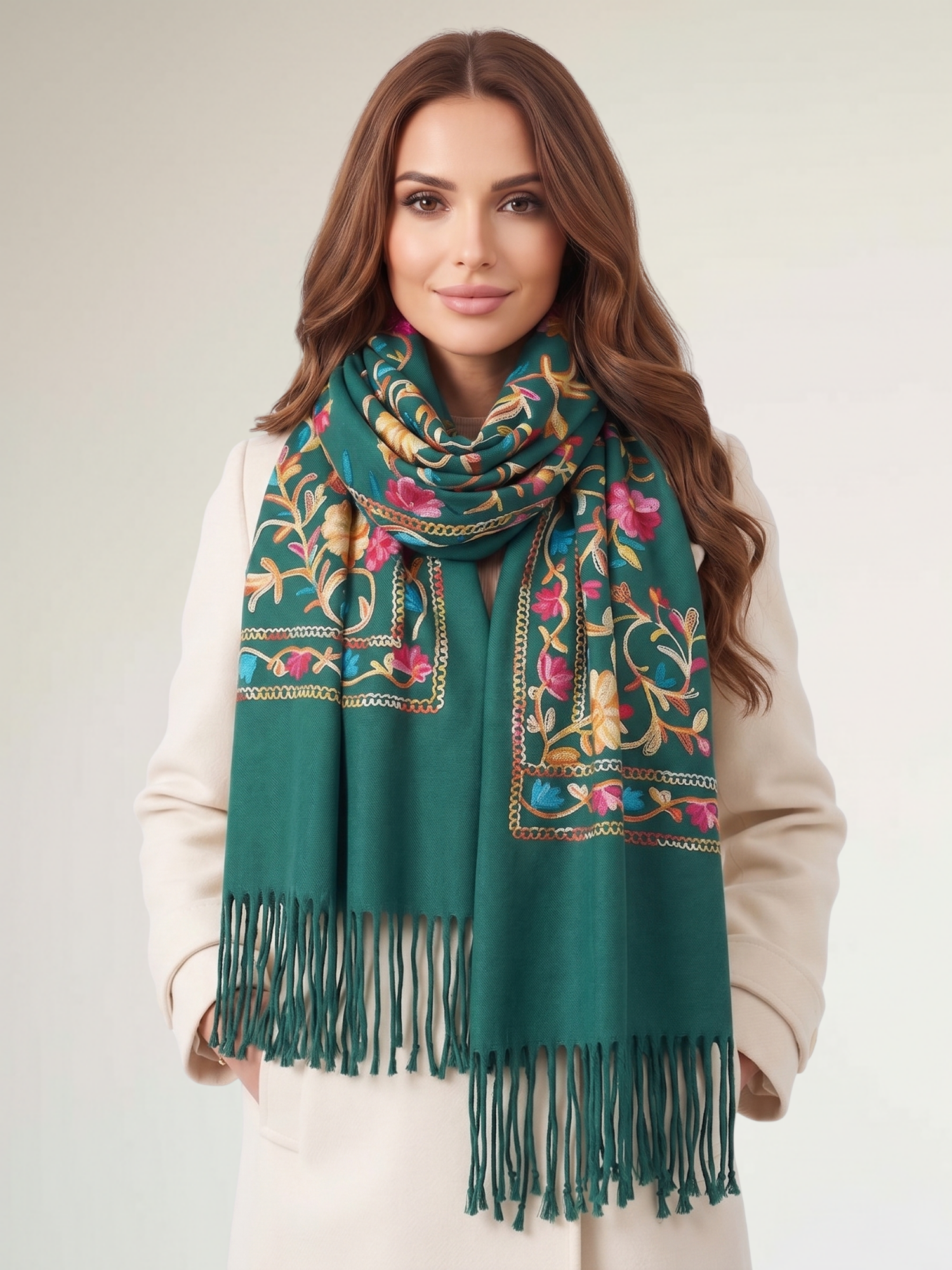 LARGE GREEN FLOWER PRINT CASHMERE COTTON BLEND WINTER SHAWL BLANKET SCARF