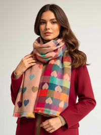 LARGE CHECKED HEART PRINT REVERSIBLE WINTER SHAWL BLANKET SCARF - PINK
