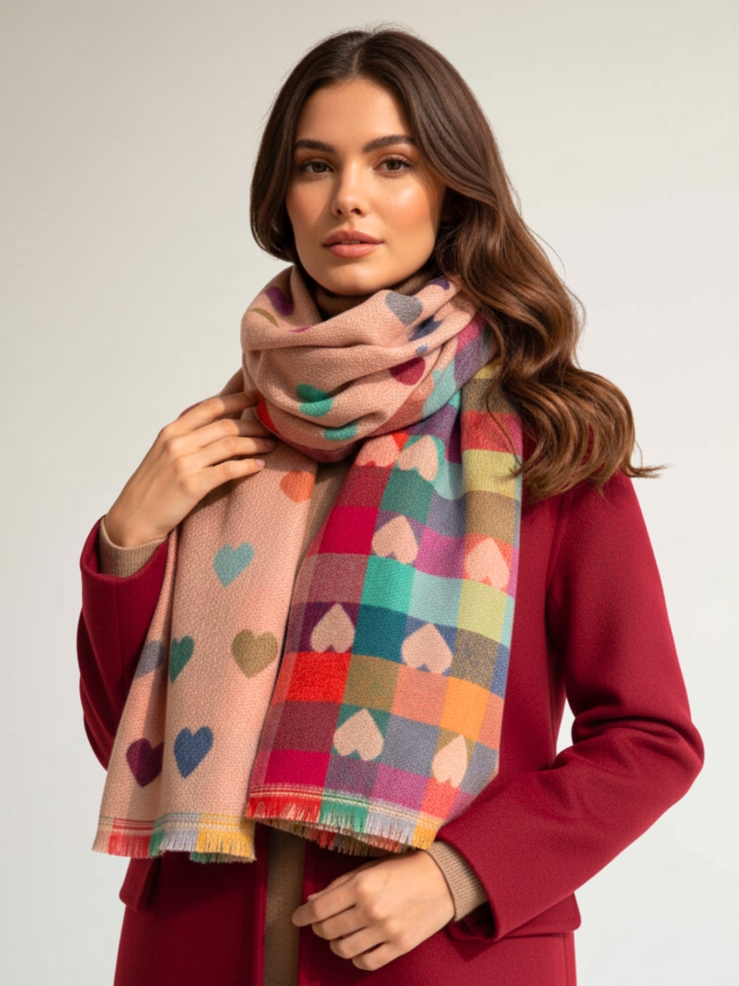 LARGE CHECKED HEART PRINT REVERSIBLE WINTER SHAWL BLANKET SCARF - PINK