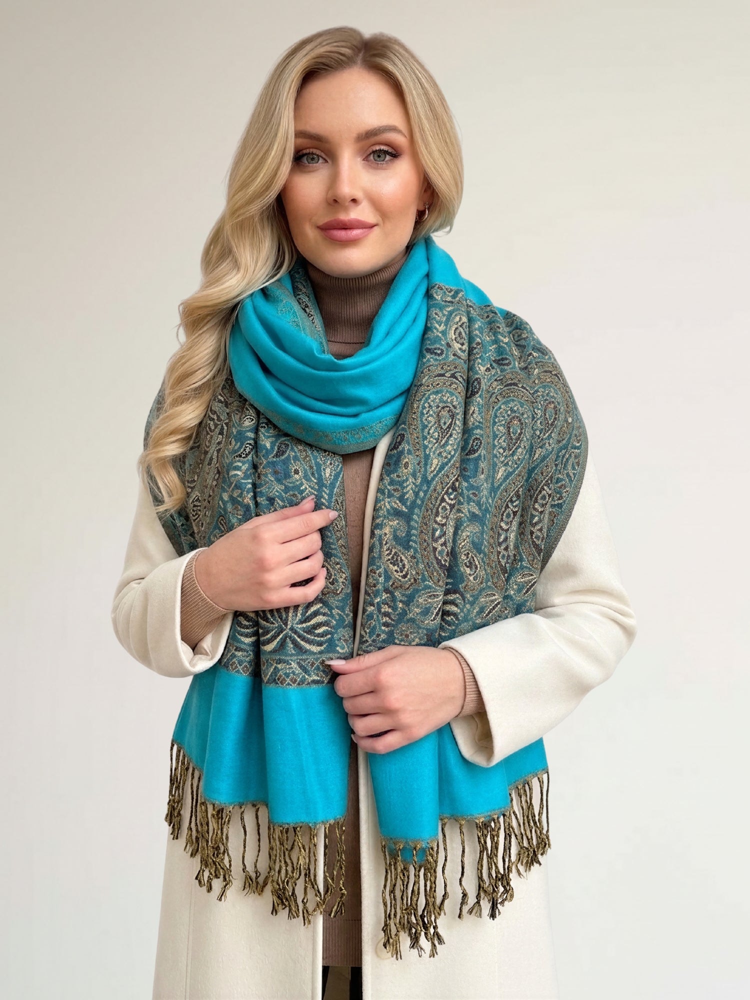 LARGE PLAIN TEAL BLUE REVERSIBLE MULTI COLOUR PAISLEY PRINT PASHMINA SHAWL SCARF WRAP - A-SHU.CO.UK