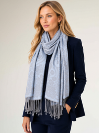 LARGE SILVERY BLUE SWIRL FLORAL PRINT REVERSIBLE PASHMINA SHAWL SCARF - A-SHU.CO.UK