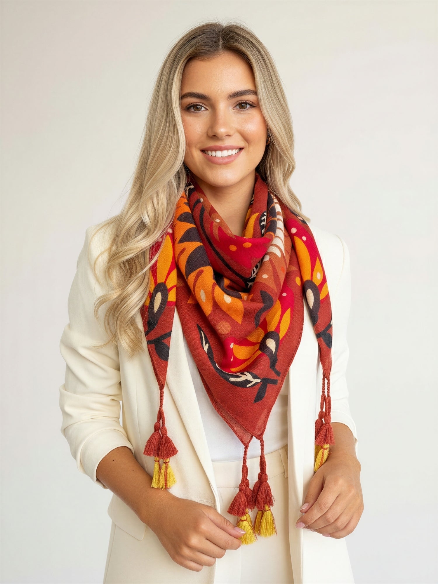 ORANGE LOTUS FLORAL PRINT SQUARE TASSEL SCARF - A-SHU.CO.UK