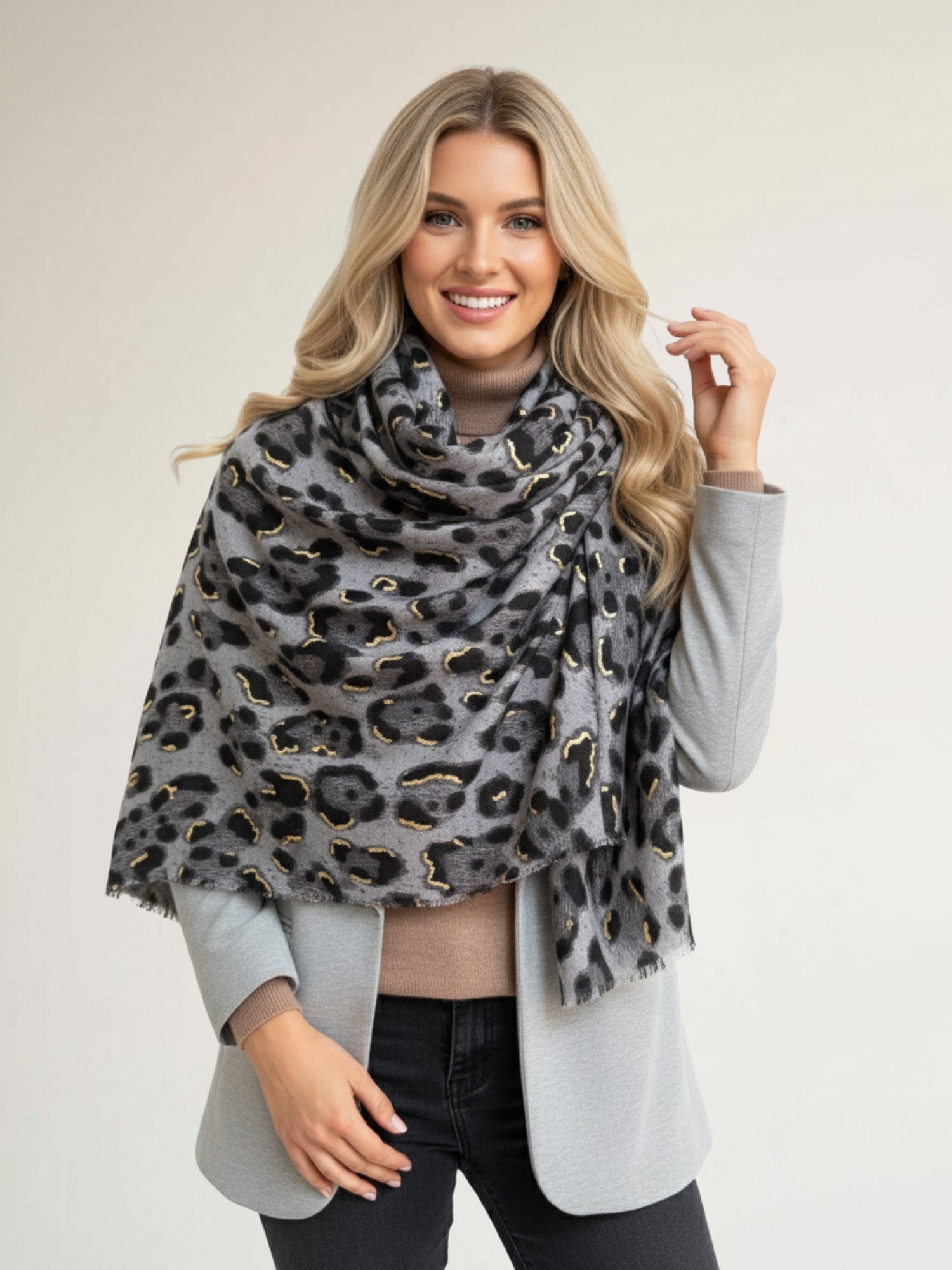 GREY COTTON BLEND METALLIC LEOPARD PRINT SCARF