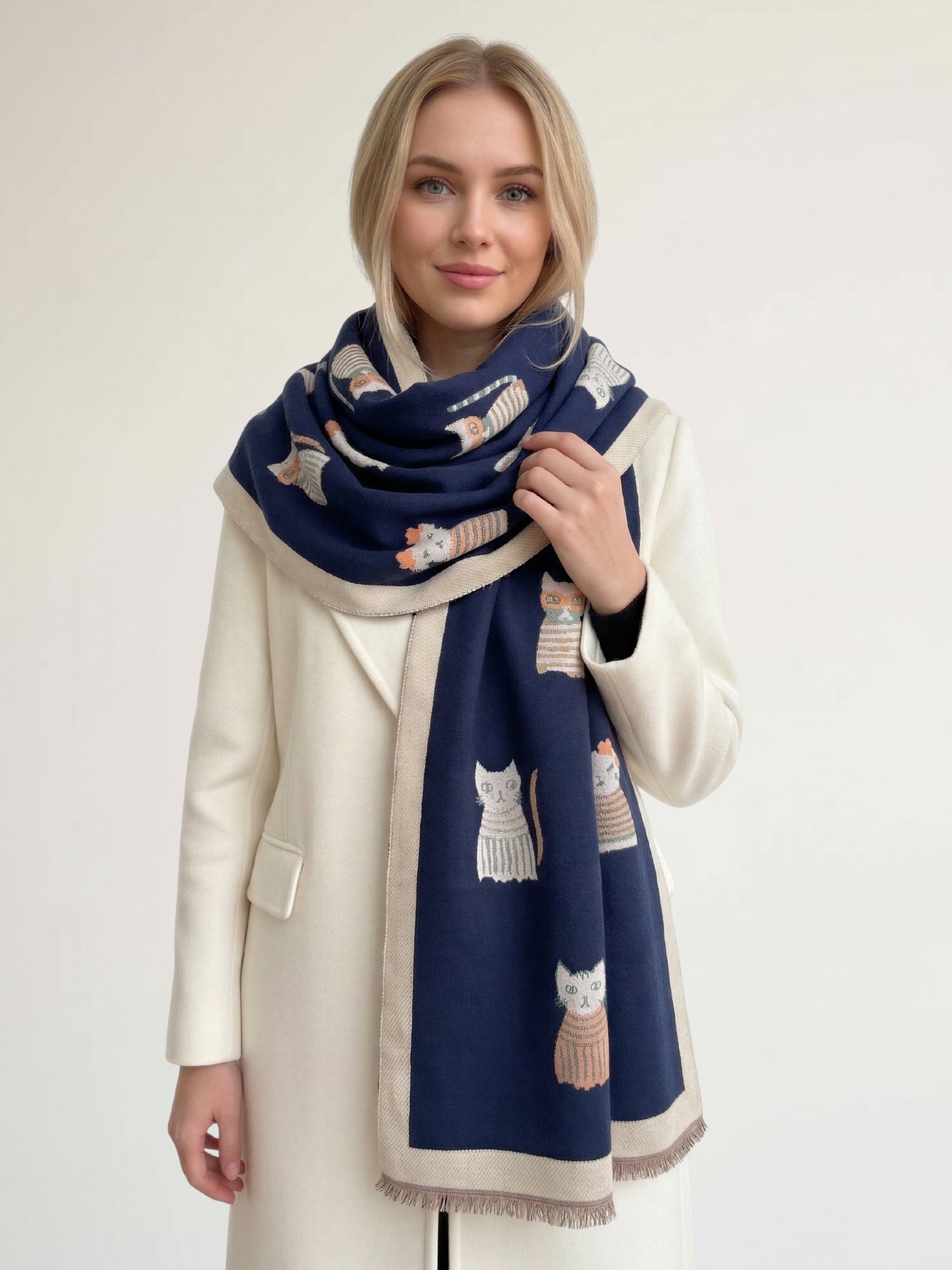 LARGE BLUE CAT THICK REVERSIBLE WINTER SHAWL BLANKET SCARF