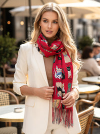 DARK RED CAT PRINT LONG LIGHTWEIGHT SCARF