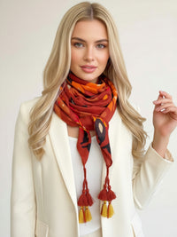 ORANGE LOTUS FLORAL PRINT SQUARE TASSEL SCARF - A-SHU.CO.UK