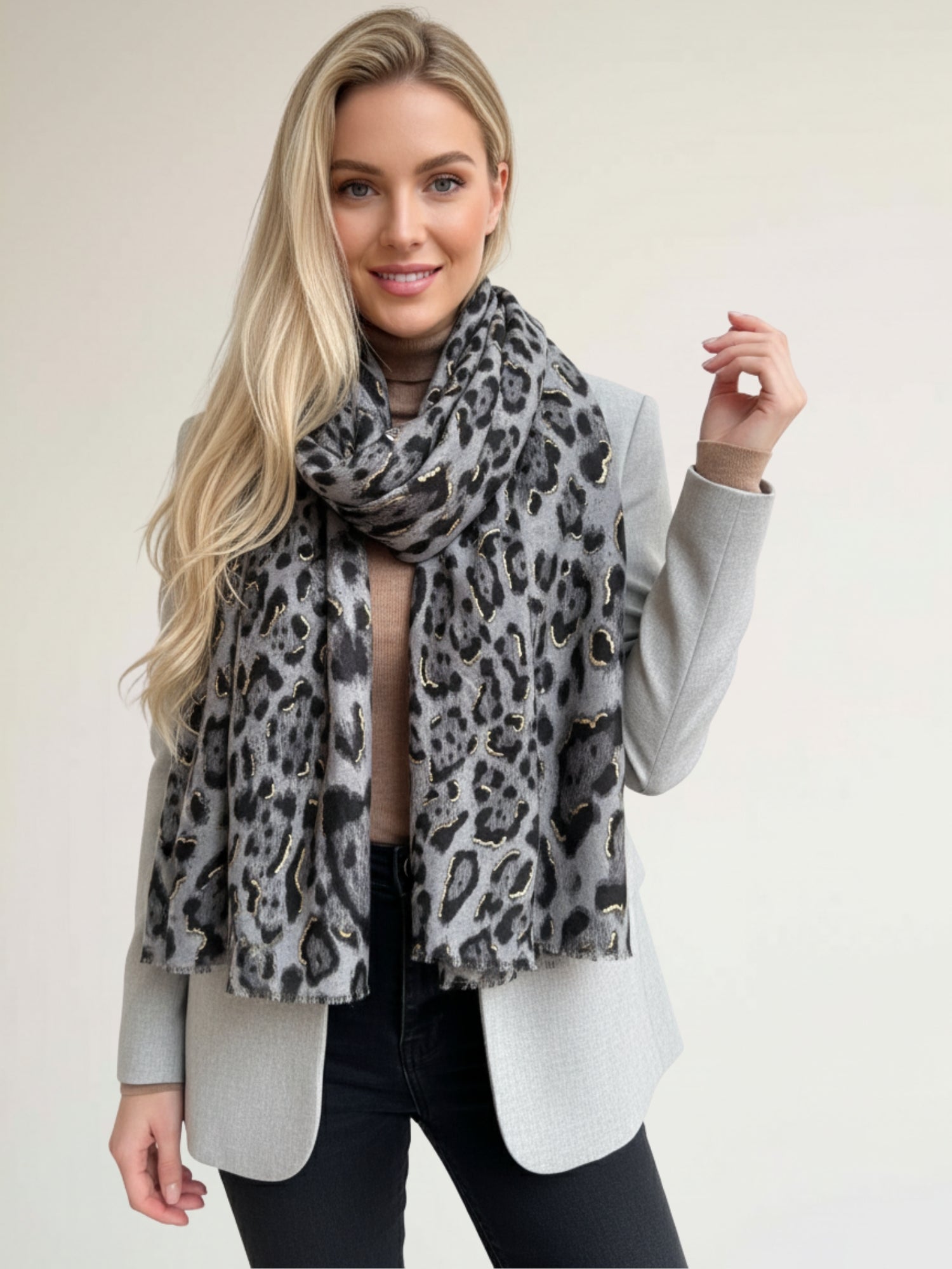 GREY COTTON BLEND METALLIC LEOPARD PRINT SCARF