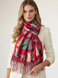DARK RED CAT PRINT LONG LIGHTWEIGHT SCARF